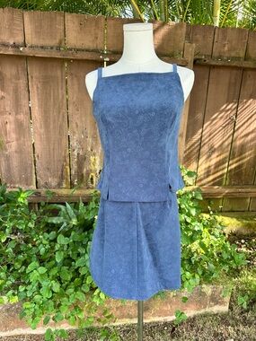 Vintage 90s Blue Paisley Printed Skirt & Tank Top Set